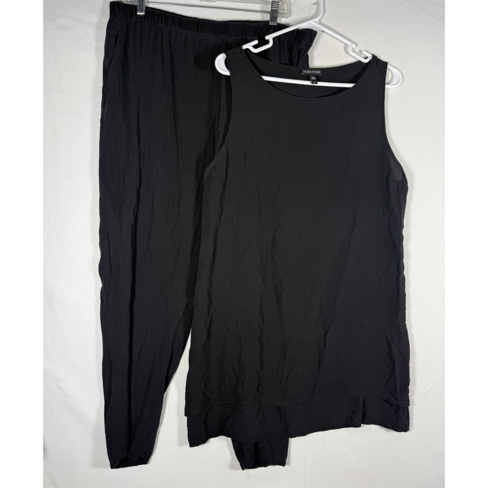 EILEEN FISHER Silk 2-Piece Set Sleeveless Tank Top & Pants Women's Large Black